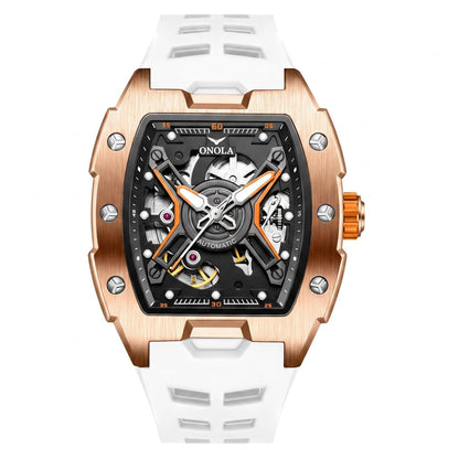 ONOLA Men's Rose Gold Automatic Mechanical Watch Silicone Strap Waterproof Luminous Hollow Dial Watch
