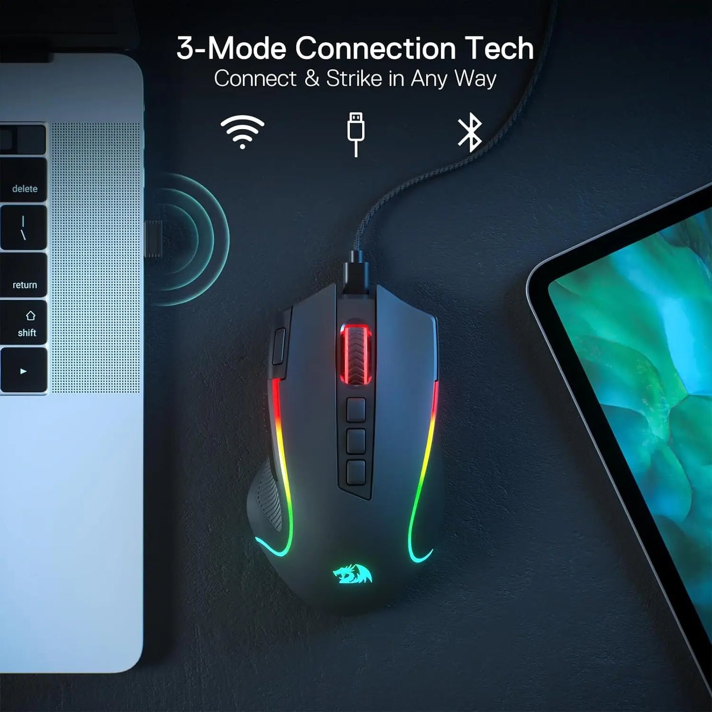 Mouse gaming Redragon M612 PRO BT & 2.4RGB, 8000 DPI, ottico cablato/wireless, 11 pulsanti programmabili e 6 modalità retroilluminate