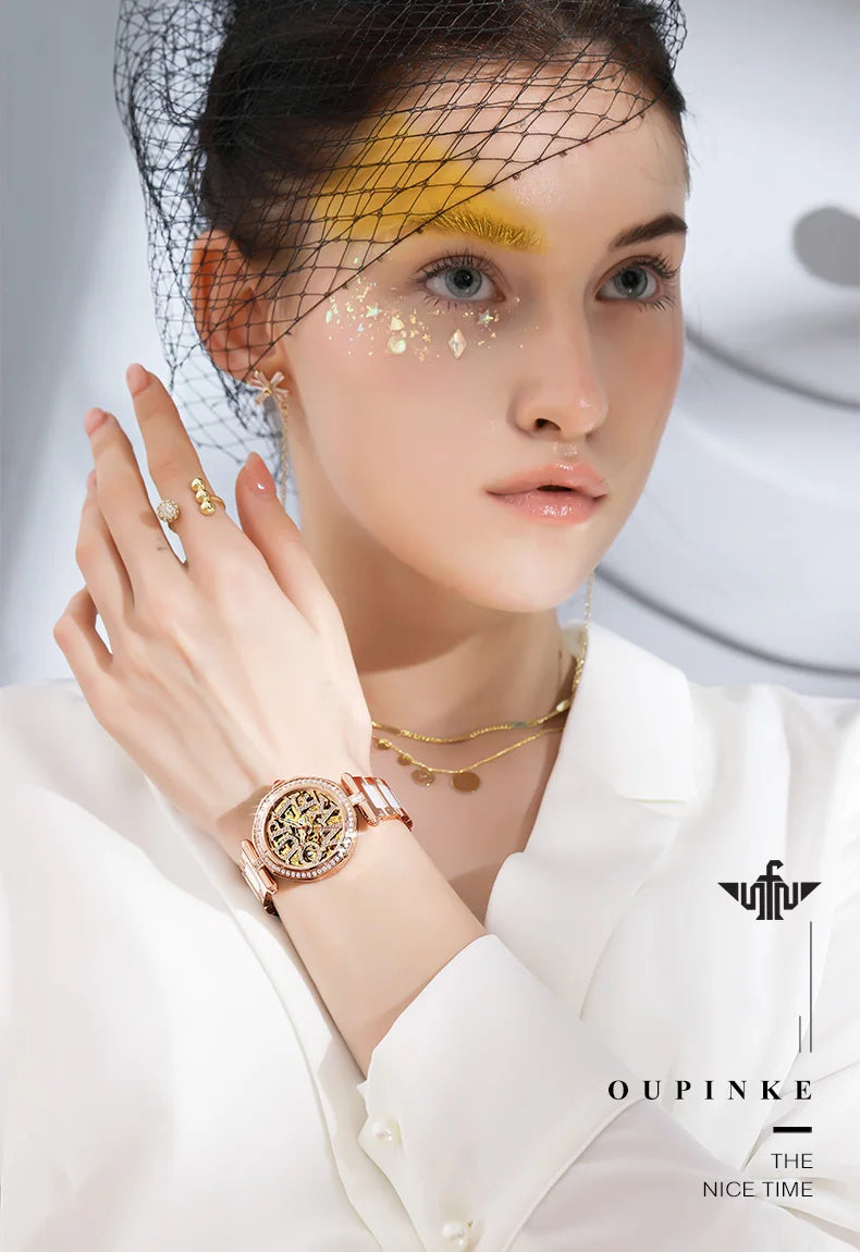 OUPINKE 3175 Women Watches Luxury Elegant Skeleton Automatic Mechanical Watches For Woman 50M Waterproof Bracelet Necklace Set