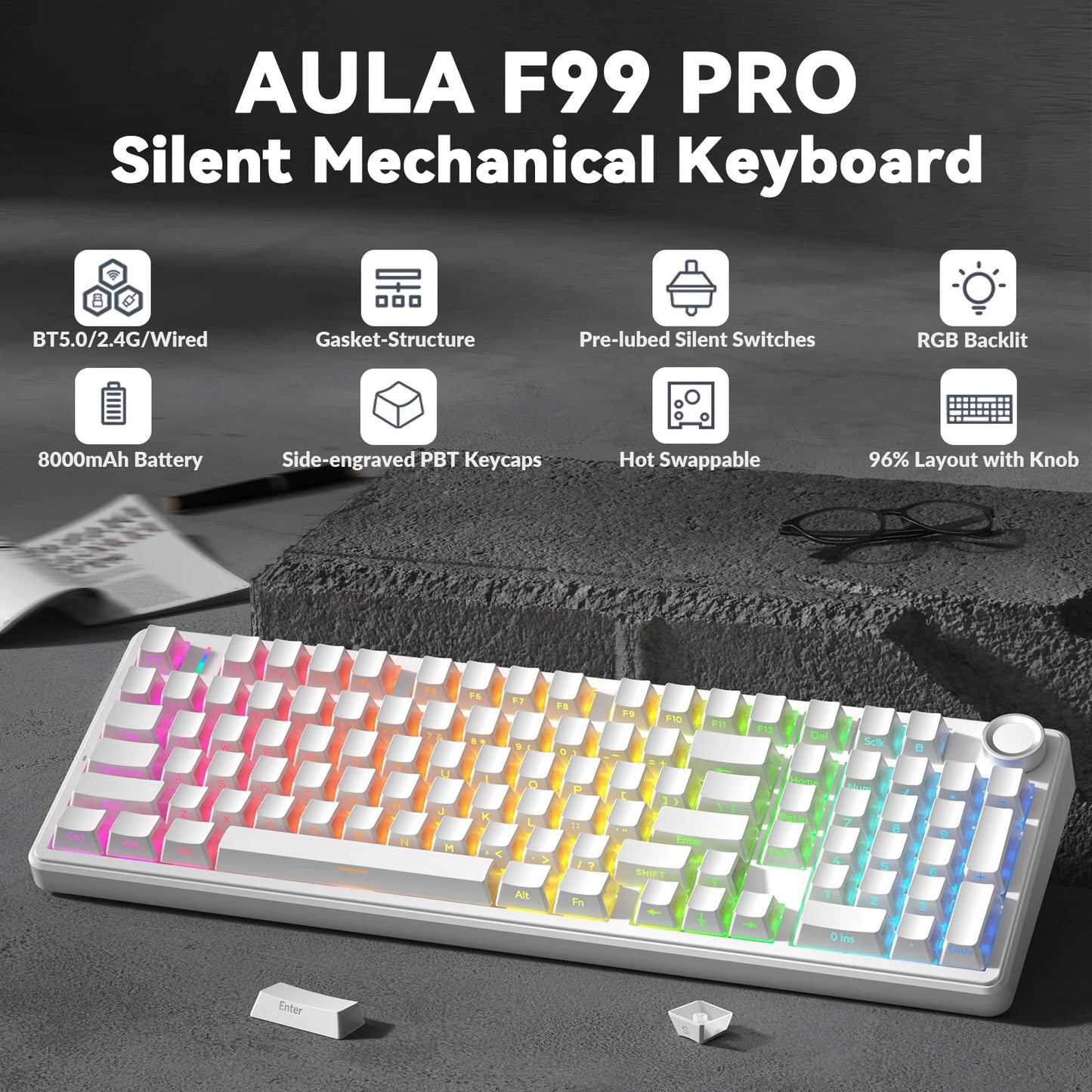 AULA F99Pro Low Noise Keyboard Gasket Structure Hot-swap RGB Mechanical Keyboard with Media Knob
