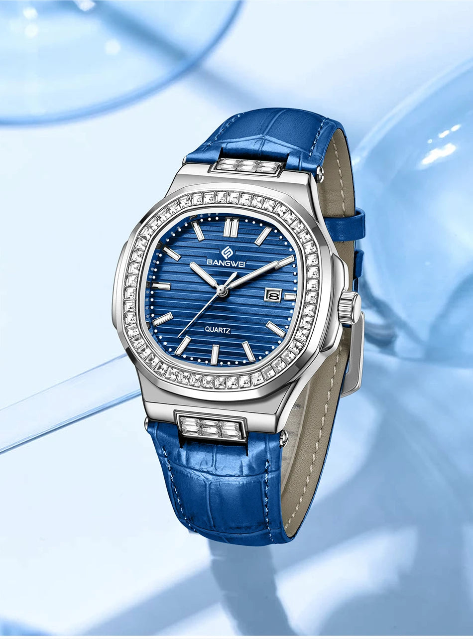 New Fashion BANGWEI Elegant Luxury Quartz Woman Watch Simple Dial Diamond Retro Leather Date Waterproof Luminous Women's Watches