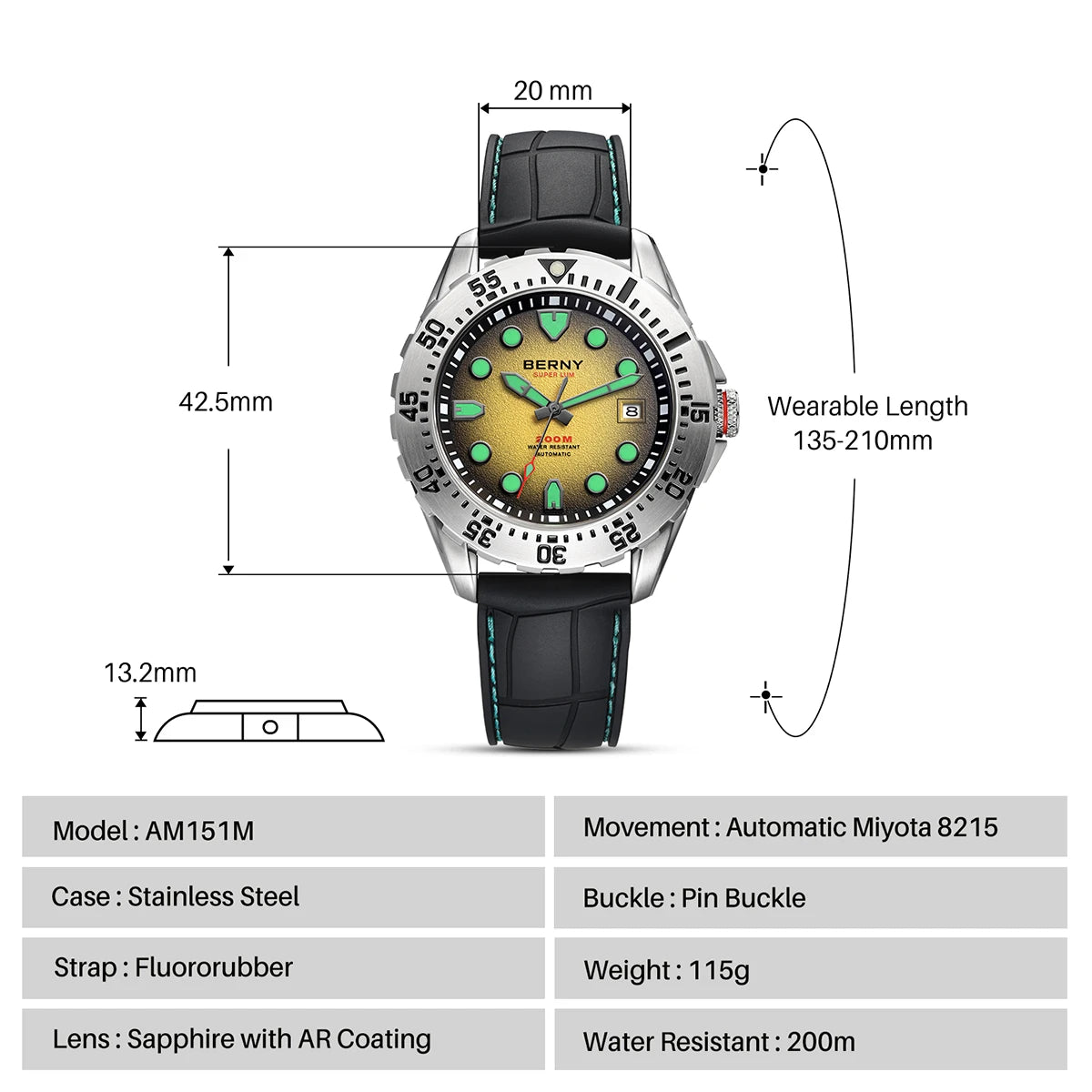 BERNY Men's Automatic Diver Watch Supper Luminous Sapphire AR Coated MIYOTA 8215 316LStainless Steel Single Crown Diving Watches