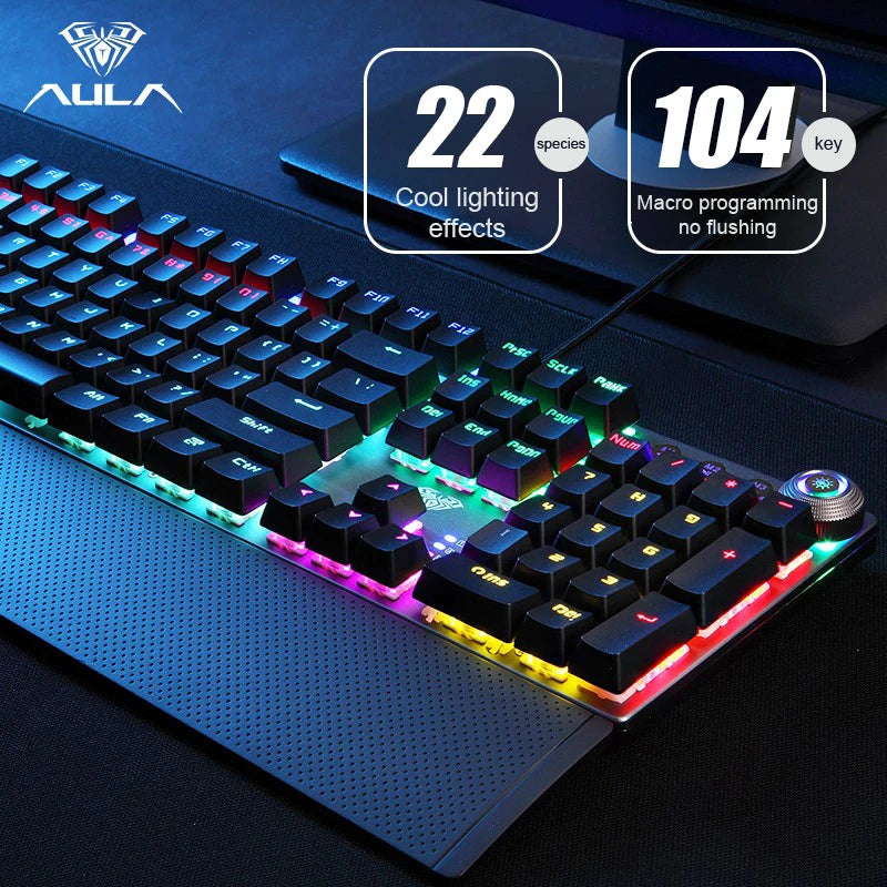 Teclado Mecânico AULA F2088 com Fio para Gaming, Botão Multifuncional, 104 Teclas, Retroiluminação Magic e Programação de Macros para Computador