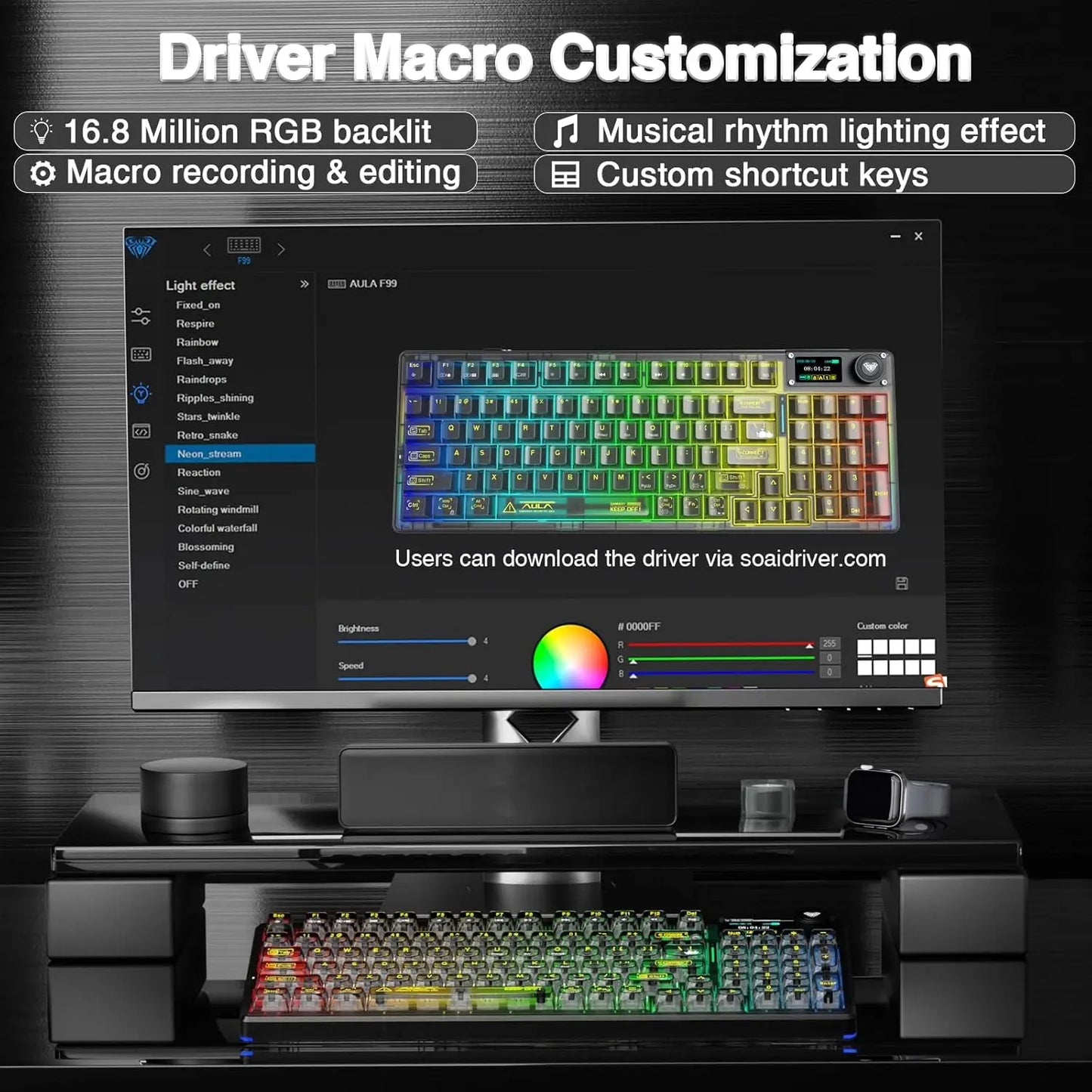 AULA F98Pro V3 Mechanical Keyboard W/ Rotate Button RGB Backlight Screen Tri-Modes Game E-sports Special Carved 95 Keycaps