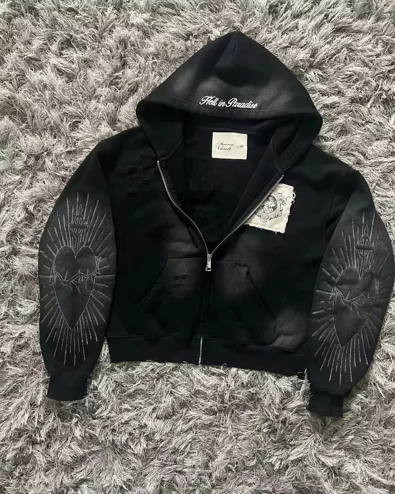 2026 New American Fashion Trend Goth Printed Zipper Hoodie Women Street Hip Hop Punk Rock Sweatshirt Unisex Casual Loose Hoodie