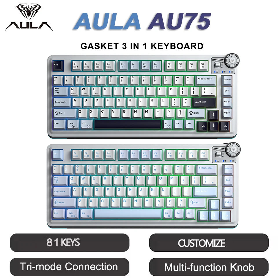 Teclado mecânico gaming esports AULA AU75, três modos, 81 teclas, teclas PBT, hot-swappable, RGB, teclado sem fios para PC desktop e escrita