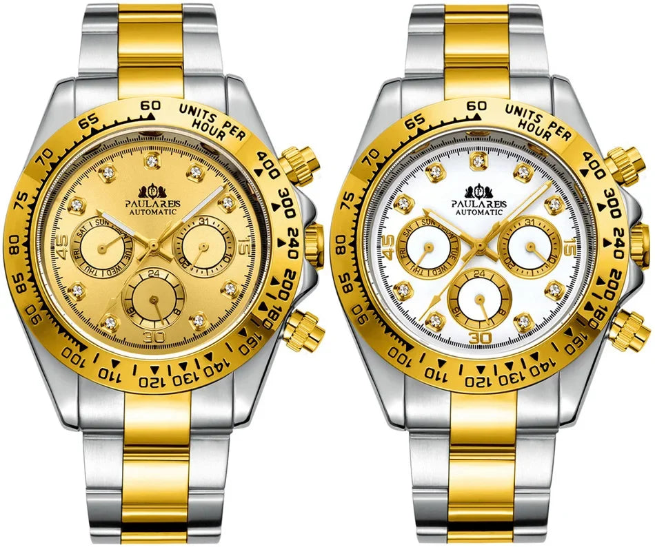 Automatic Mens Watch Mechanical Self Wind Movement Gold Black Stainless Steel Diamonds Stone Sports Luxury Fashion Watches