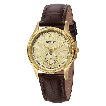 BERNY Luxury Watches for Men Classic Elegance Slim Dress Gold Quartz Men's Watch Leather Strap Fashion Business Wristwatch