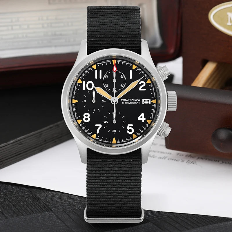 Militado ML1868KF Retro VK67 Quartz Chronograph Watch Stainless Steel Case 3 Dial Waterproof 100M  Multifunction Military Watch
