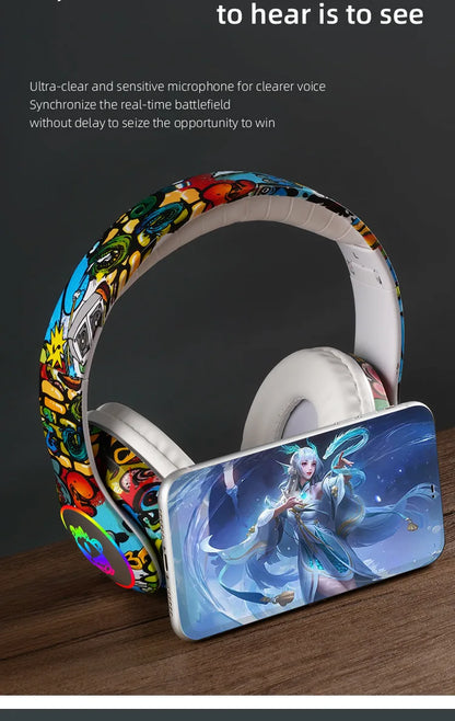 Auscultadores Gaming Bluetooth Sem Fios New Graffiti LX-8686 com Microfone, Iluminação LED, Suporte para Cartão TF, Graves Profundos e Design Over-Ear para PC, Gaming e Crianças