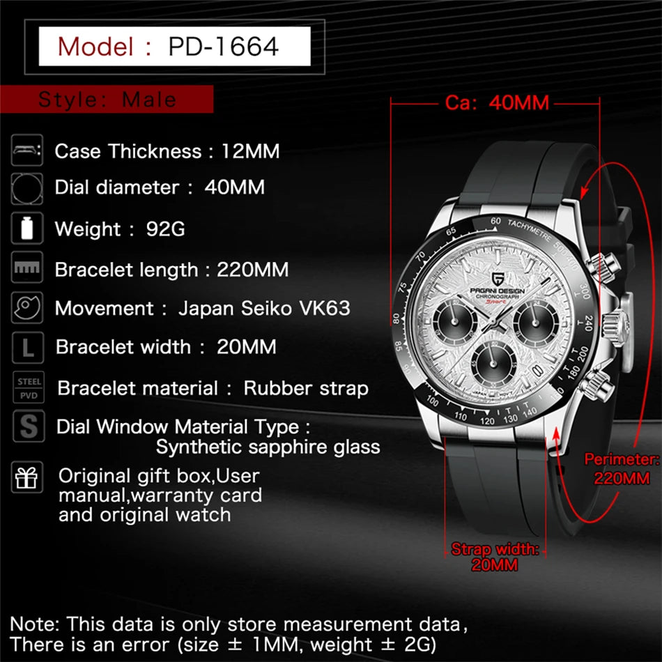 PAGANI DESIGN V2 40MM Quadrante meteorite Orologio da uomo al quarzo Cronografo retro in zaffiro Orologio impermeabile da uomo Reloj0 hombr