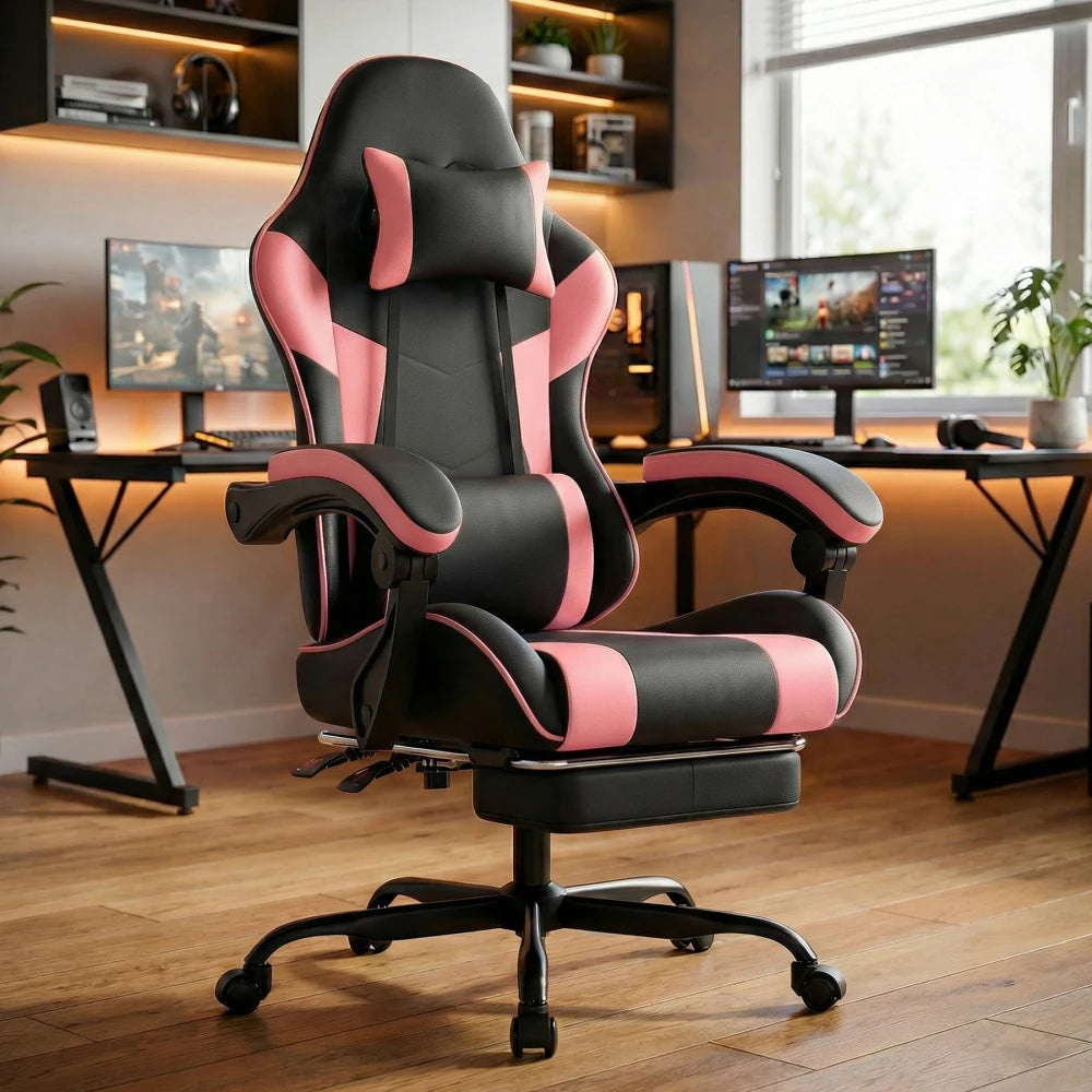 Ergonomic Gaming Chair with Lumbar Support, Adjustable Office Chair, Breathable PU Leather Computer Chair with Footrest & Reclining Backrest