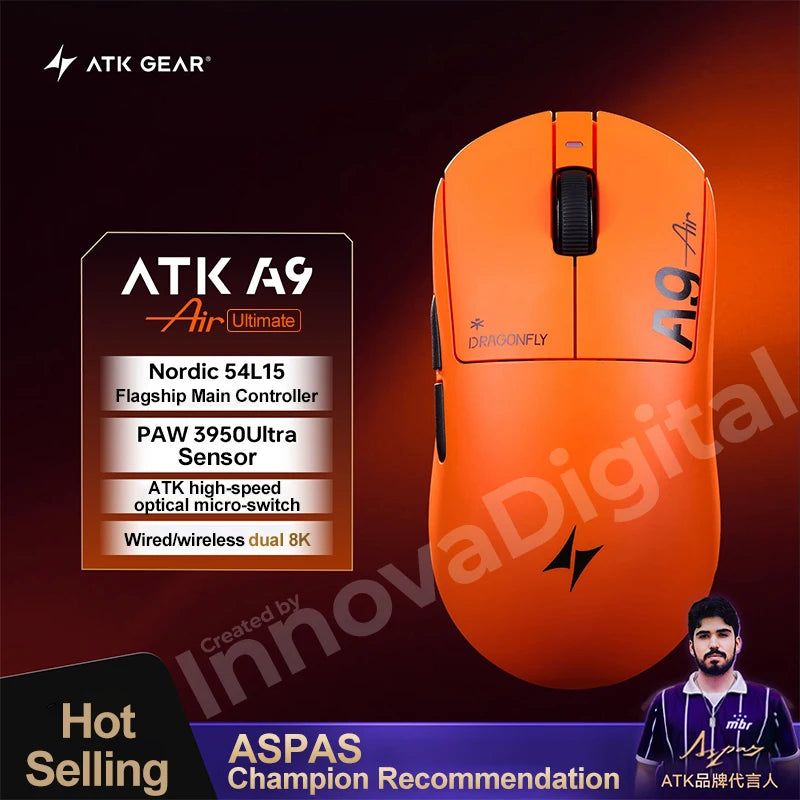 „ATK Dragonfly A9 Ultimate“ belaidė žaidimų pelė, „PAW3950 Ultra 8 kHz“ ergonomiška lengva žaidimų pelė, skirta FPS, e. sportui ir „CSGO“