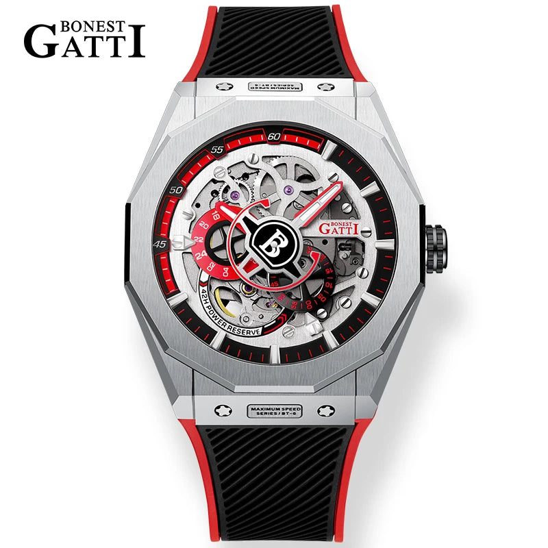 BONEST GATTI BG7601 Men's Automatic Mechanical Watch Sapphire Crystal Waterproof Luminous Rubber Strap Wristwatch