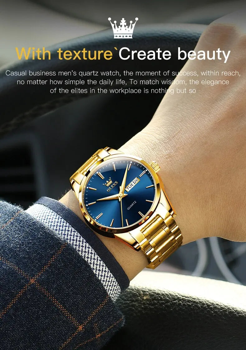 OLEVS Classic Gold Wrist Watches For Top Brand Luxury Business Date Waterproof Luminous Stainless Steel Men Quartz Wristwatch