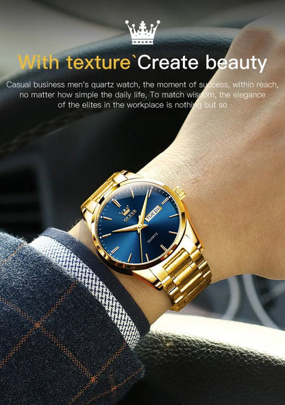 OLEVS Classic Gold Wrist Watches For Top Brand Luxury Business Date Waterproof Luminous Stainless Steel Men Quartz Wristwatch