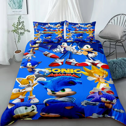 Cartoon Duvet Cover Set , Washable Cotton Bedding – S-Sonic-S the H-Hedgehog Movie Theme Student Bedroom Decor for All Seasons