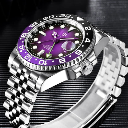 Mehanska moška ura Pagani Design GMT – Luksuzni model s safirnim steklom, ohišjem iz nerjavečega jekla in keramičnim okvirjem – Avtomatska moška ura, poslovni stil