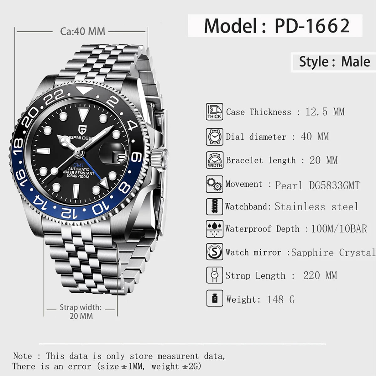 Orologio PAGANI DESIGN GMT 40MM da uomo, di lusso, con vetro zaffiro AR, movimento meccanico automatico, lunetta in ceramica, impermeabile 100M, idea regalo