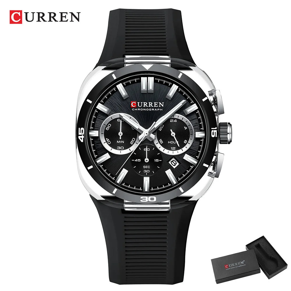 CURREN herenhorloge – Nieuw luxe quartzmodel, siliconen band, sportieve stijl, multifunctioneel, waterdicht, verlicht, met datumweergave en chronograaf.