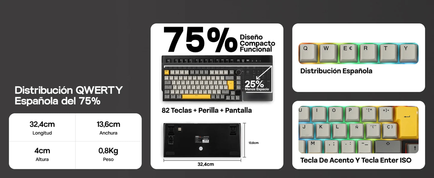 Teclado mecânico ISO-ES EPOMAKER X AJAZZ AK820 PRO 75% com layout espanhol, com fios/2.4GHz/BT, ecrã e botão rotativo para PC/Mac