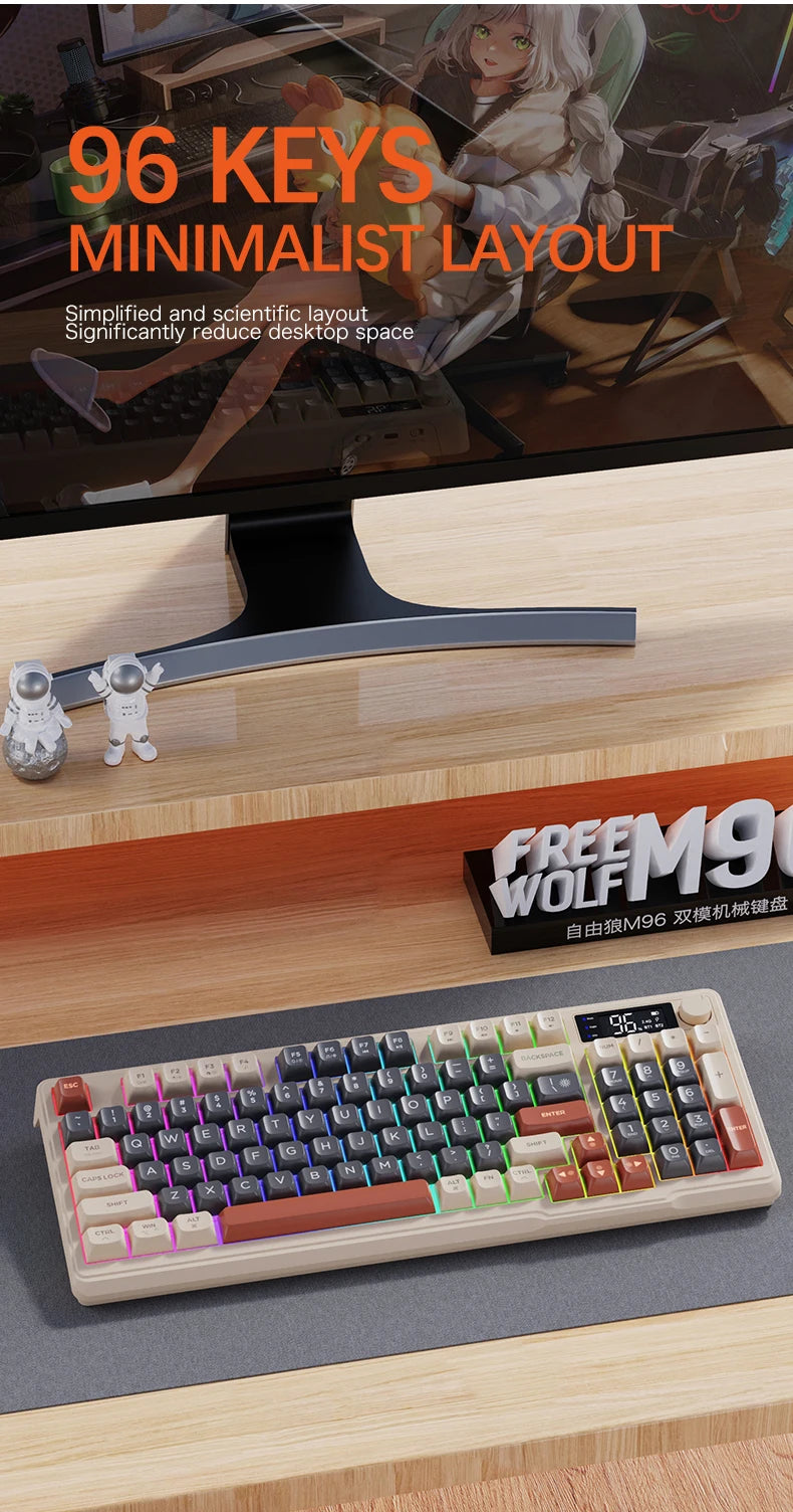 Teclado Bluetooth Sem Fios M96 FREEWOLF com Ecrã Gaming, Ecrã Eletrónico, Ligação a Vários Dispositivos, Ergonomia Gaming