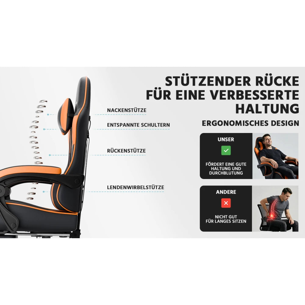 Ergonomic Gaming Chair with Lumbar Support, Adjustable Office Chair, Breathable PU Leather Computer Chair with Footrest & Reclining Backrest