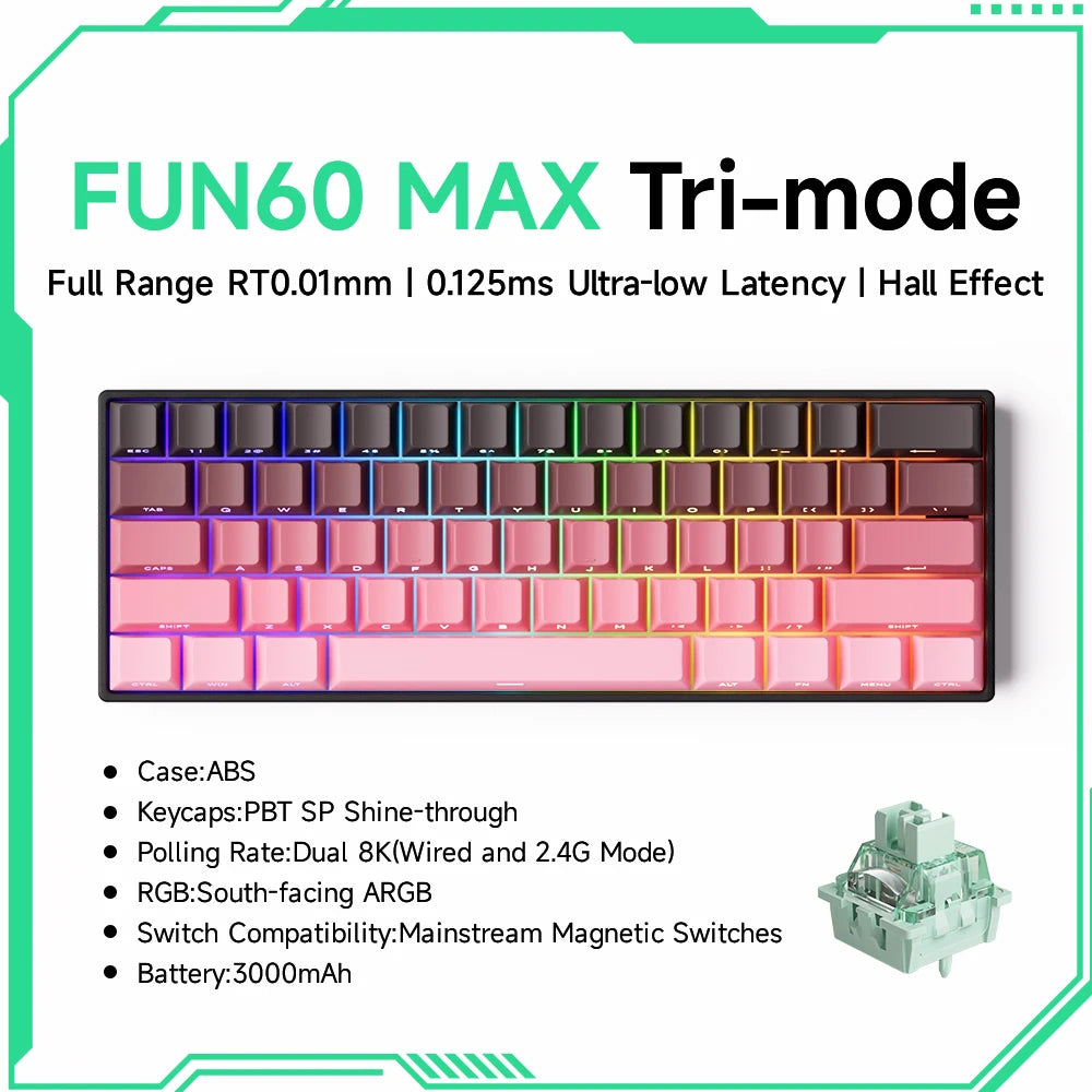 MONSGEEK FUN60 PRO&MAX HE Teclado mecânico 60% sem fios para gaming com switches magnéticos, Rapid Trigger 8K, ARGB e personalização