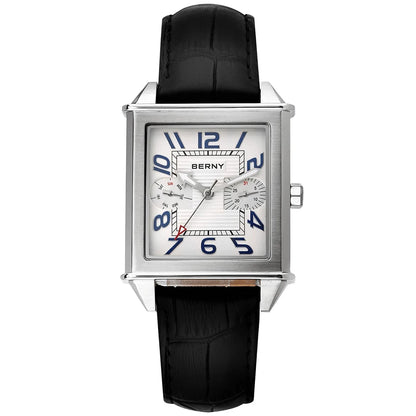 BERNY 6P25 Quartz Watch for Men Golden New Square Wristwatch Vintage Day Top Leather 3ATM Waterproof Luxury Watch Male