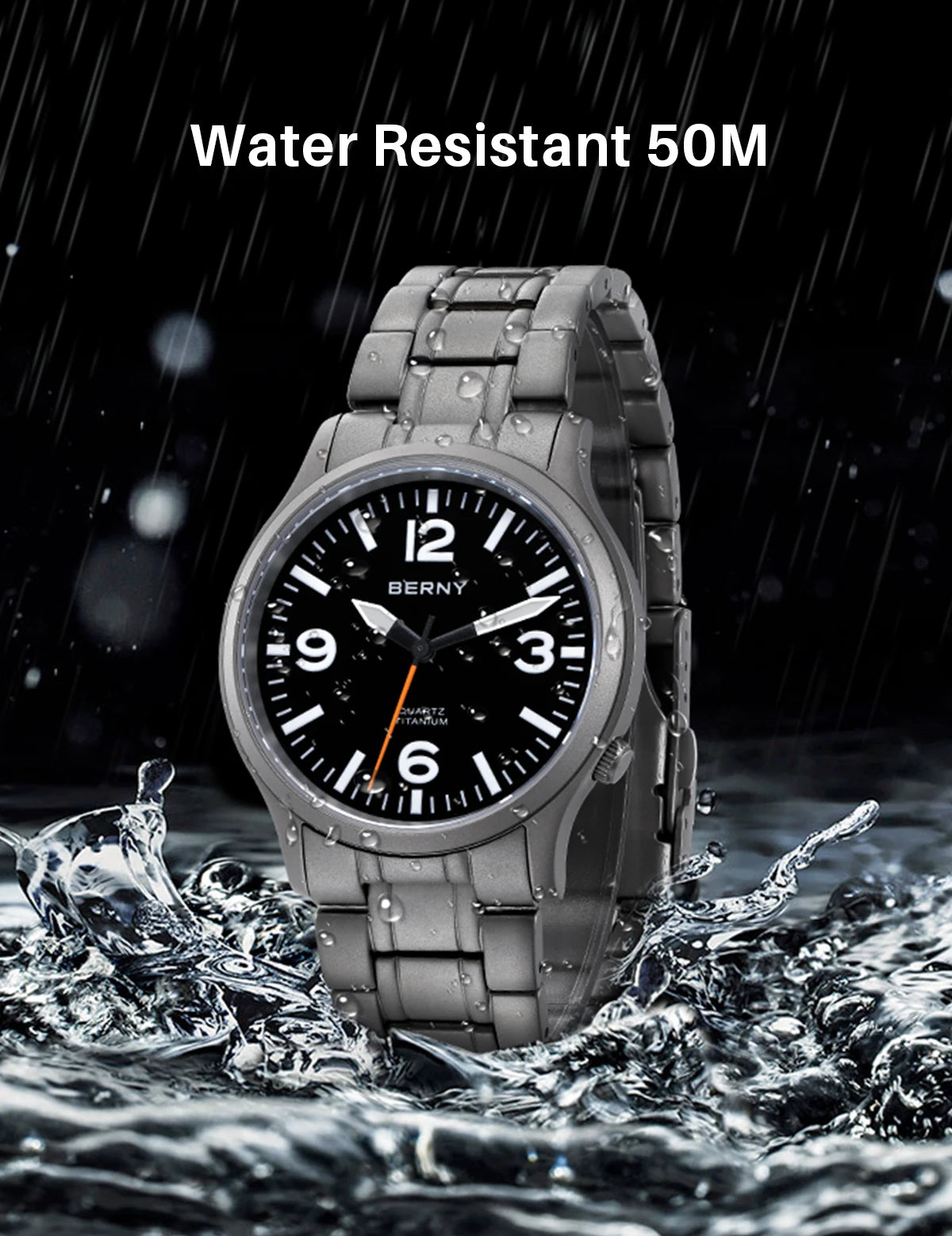 BERNY Full Titanium Men Watch Super Luminous Sports Quartz Watches Lightweight and Comfortable 5ATM Easy Read Wristwatch