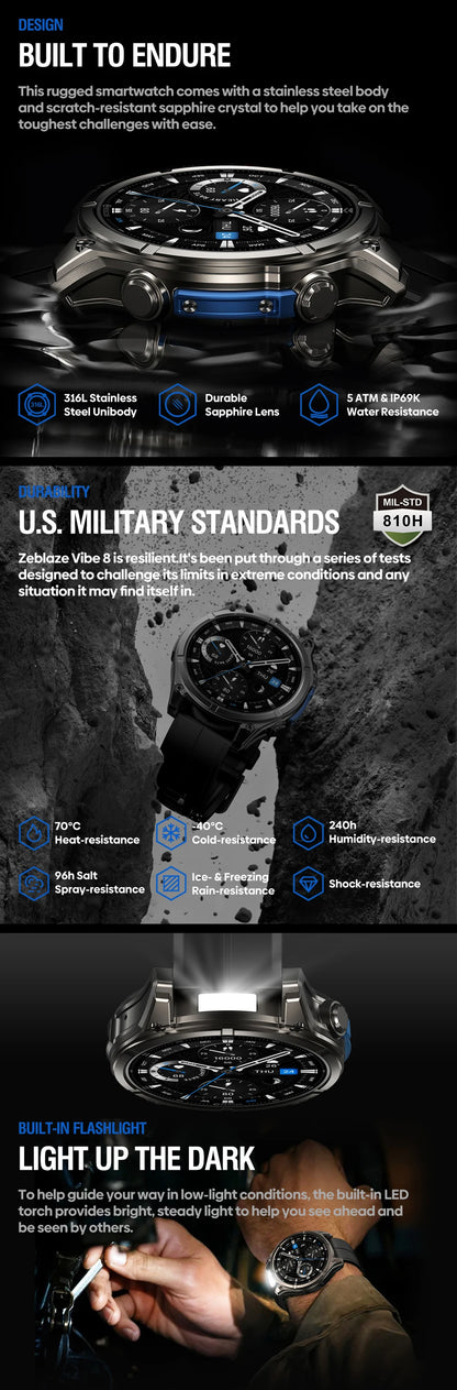 NEW 2025 Zeblaze VIBE 8 Voice Calling 1.43" AMOLED Display Smart Watch Built-in Flashlight Heart Rate Blood Pressure Smart Watch