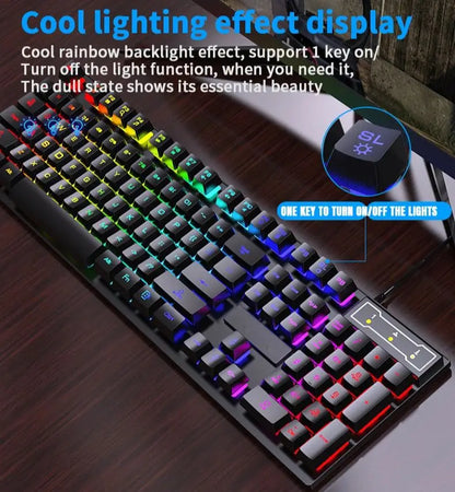 Conjunto de teclado com fios de 104 teclas com retroiluminação RGB e efeito de respiração, teclado gaming ergonómico e rato para computador, portátil, gamer e escritório