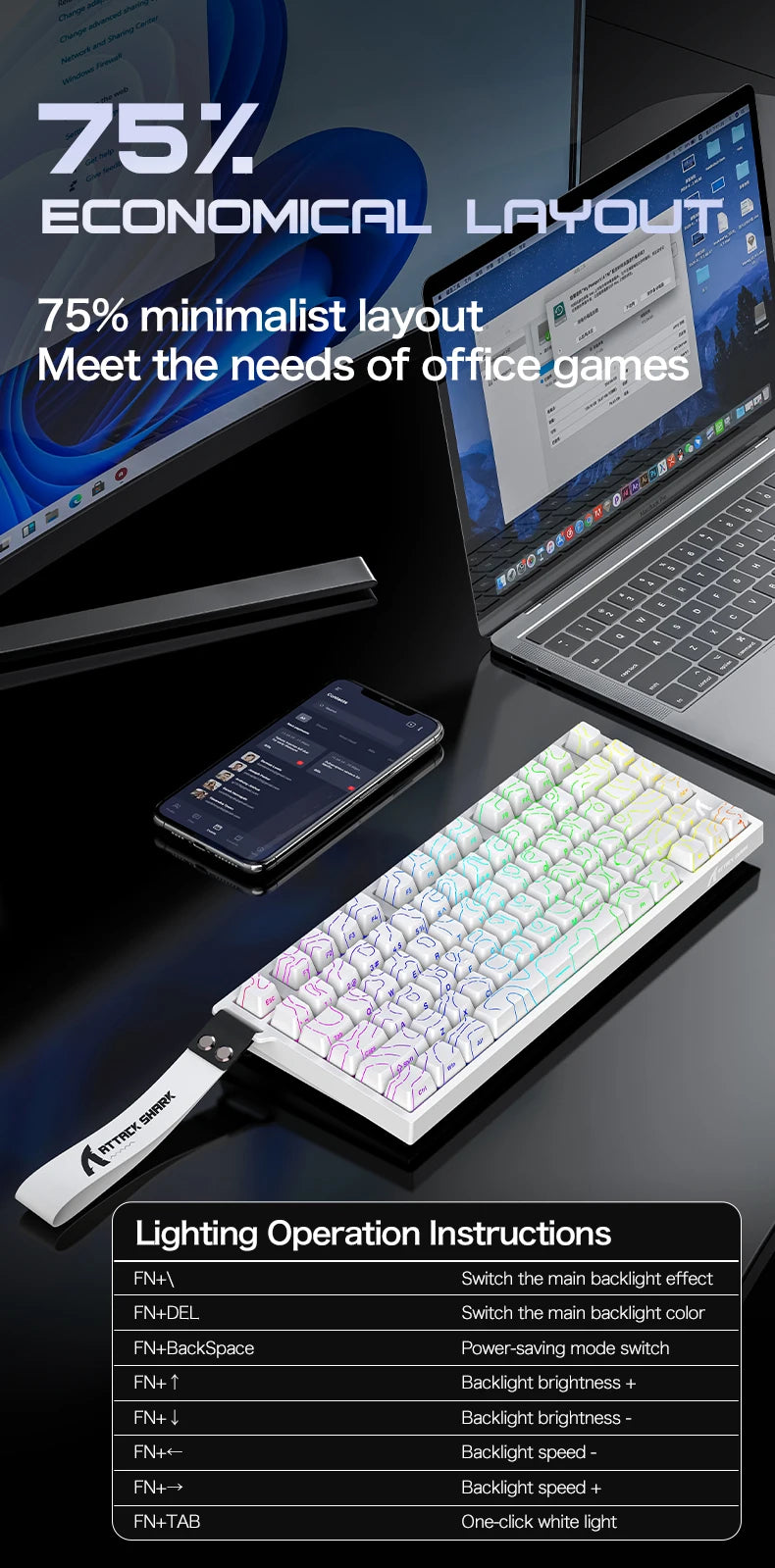 ATTACK SHARK R82HE Gaming Keyboard Magnetic 75% Wired 8000Hz Rapid Trigger ProGamer Keyboard,0.005mm RT Accuracy,0.08ms Latency