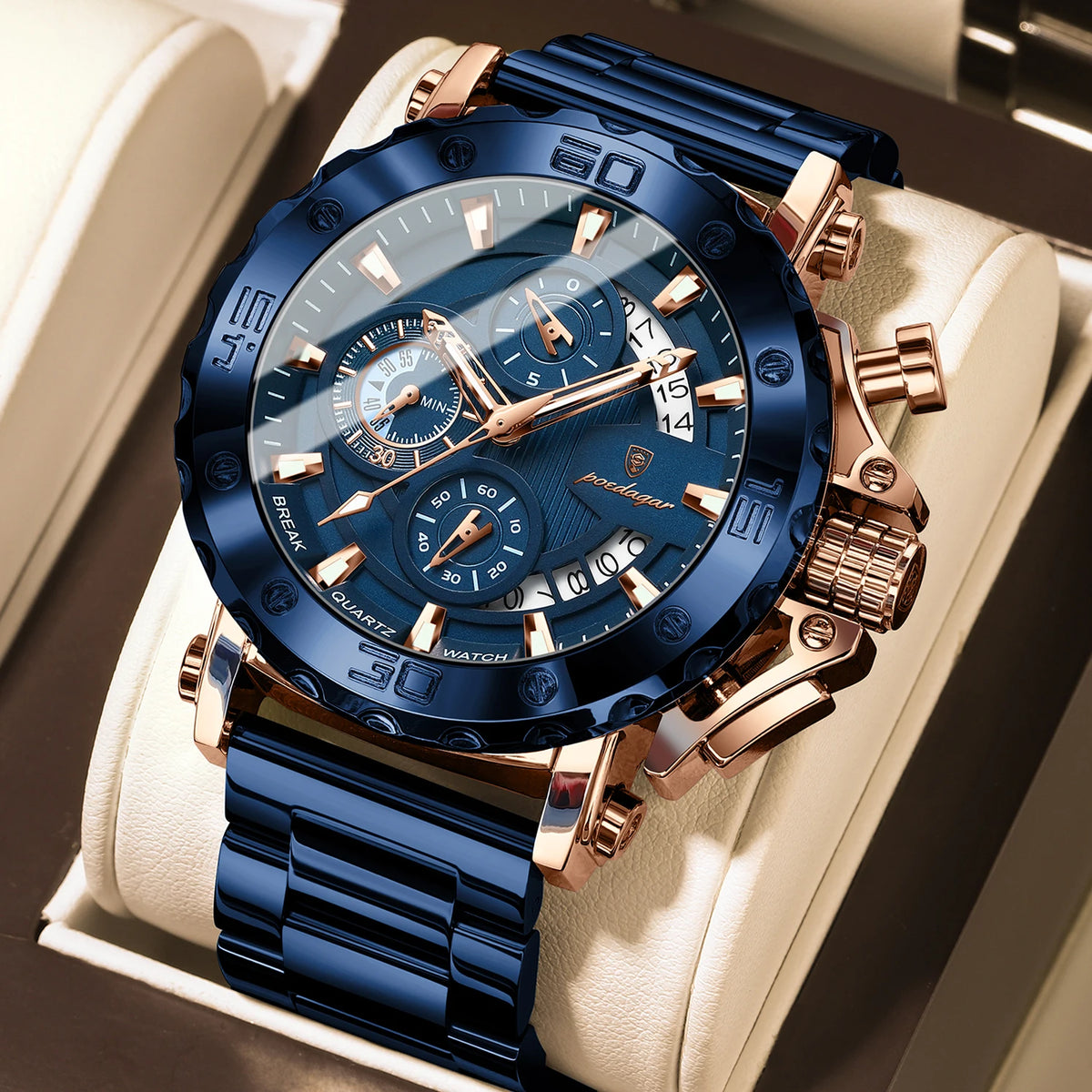 POEDAGAR Herren-Luxusuhr, leuchtend, wasserdicht, Chronograph, Datumsanzeige, Edelstahl, Quarz, Reloj