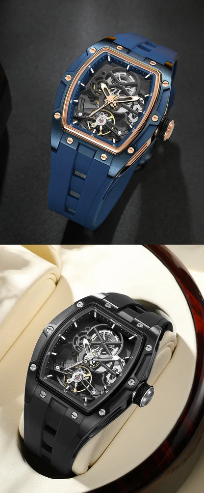 MEGIR Fashion Leisure Alloy Case Men Mechanical Watch Silicone Band Barrel Shaped Dial Luminous Pointer Design Man Wristwatch