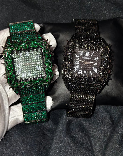 Shine Luxury Hip-Hop Diamond Watch with Emeralds for Men Replica Czech Stone Inlaid Waterproof Gold Watch שעוני יוקרה