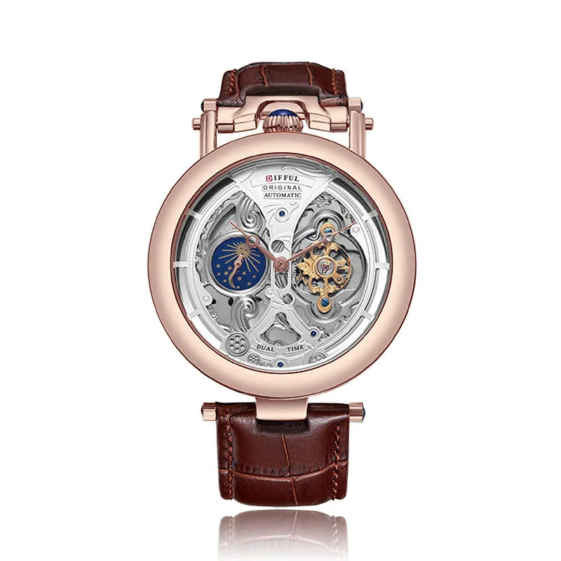 DIFFUL Luxury Big Skeleton Dial Moon Phases Tourbillon Hollowed Mechanical Men Wristwatch Watch With Leather Band