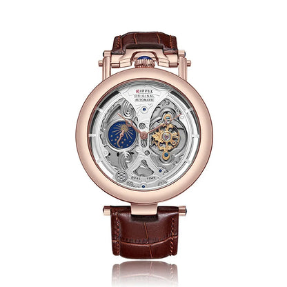 DIFFUL Luxury Big Skeleton Dial Moon Phases Tourbillon Hollowed Mechanical Men Wristwatch Watch With Leather Band