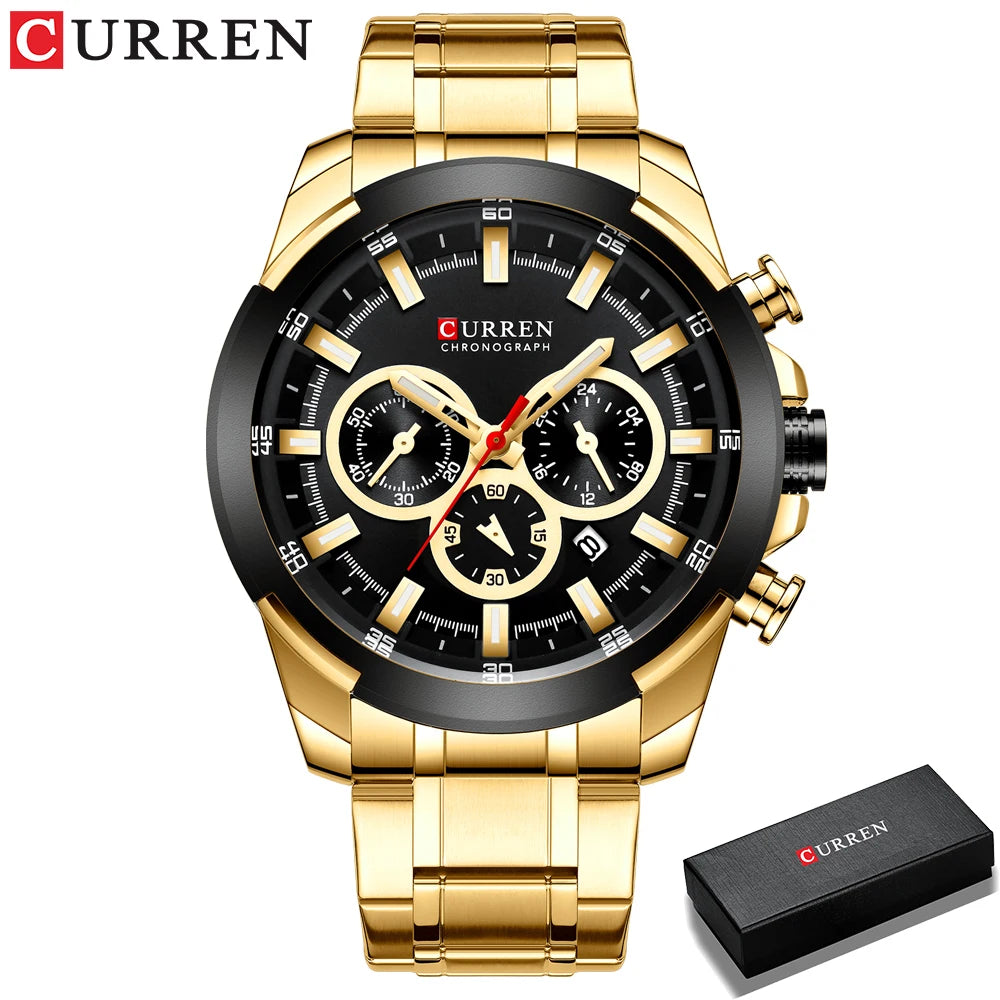 CURREN férfi kronográf óra, 48 mm-es nagy számlap, rozsdamentes acél karkötő, három kis számlap, kvarc sportkaróra, luxus stílus