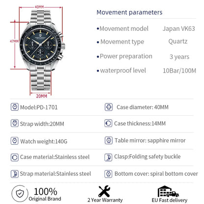 PAGANI DESIGN 2026 New Saturn Men's Watches Quartz Watch For Men Light Tan Sport Chronograph AR Sapphire Crystal Wrist Watch Men