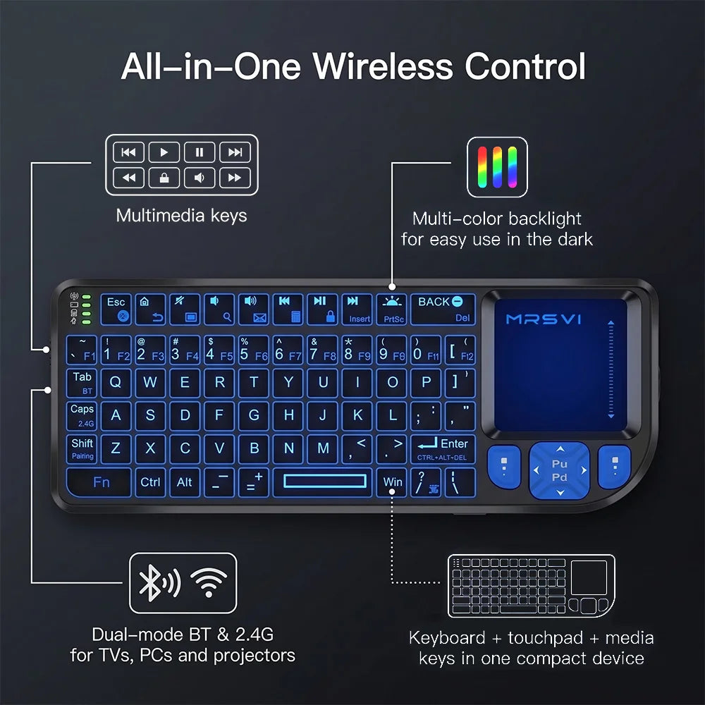 MRSVI Mini Teclado A8 PLUS, teclado sem fios retroiluminado 2.4GHz e Bluetooth5.0 com touchpad para Android TV Box, Mac, portátil, Windows