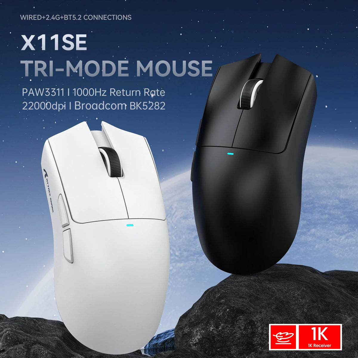 ATTACK SHARK X11SE Wireless Gaming Mouse, Tri-Mode Superlight Mouse with PAW3311 Sensor, 22000 DPI, 63g Ultra-Light RGB Gaming Mouse for PC, Laptop & Esports