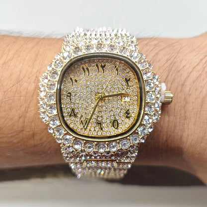 Luxury Brand Men Quartz Watch Fashion Square Hip Hop Diamond Out Sparkling Jewelry Waterproof Stainless Steel Wristwatch Man New