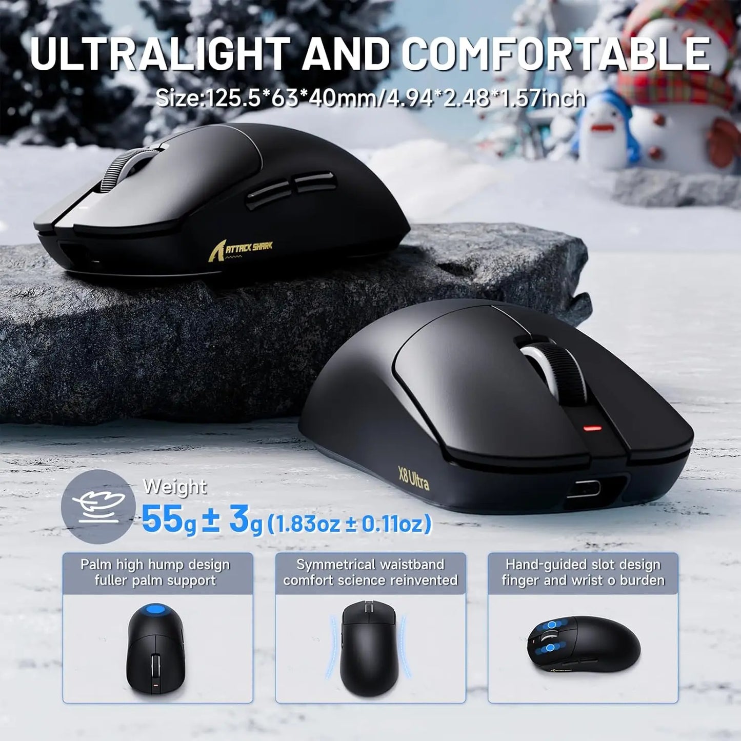 ATTACK SHARK X8 Ultra 8KHz Wireless Gaming Mouse, 55g Superlight, Nordic 52840, PAW3950MAX, 42KDPI, Cool Nano-Coating, 500mAh