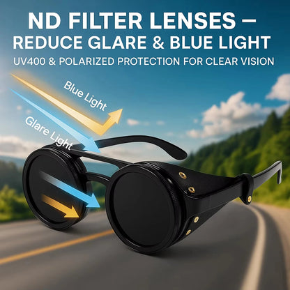 Adjustable 9-Gear ND Filter Steampunk Sunglasses UV400 Round Retro Punk Sun Glasses with Side Shields Leather Patch for Men Wome