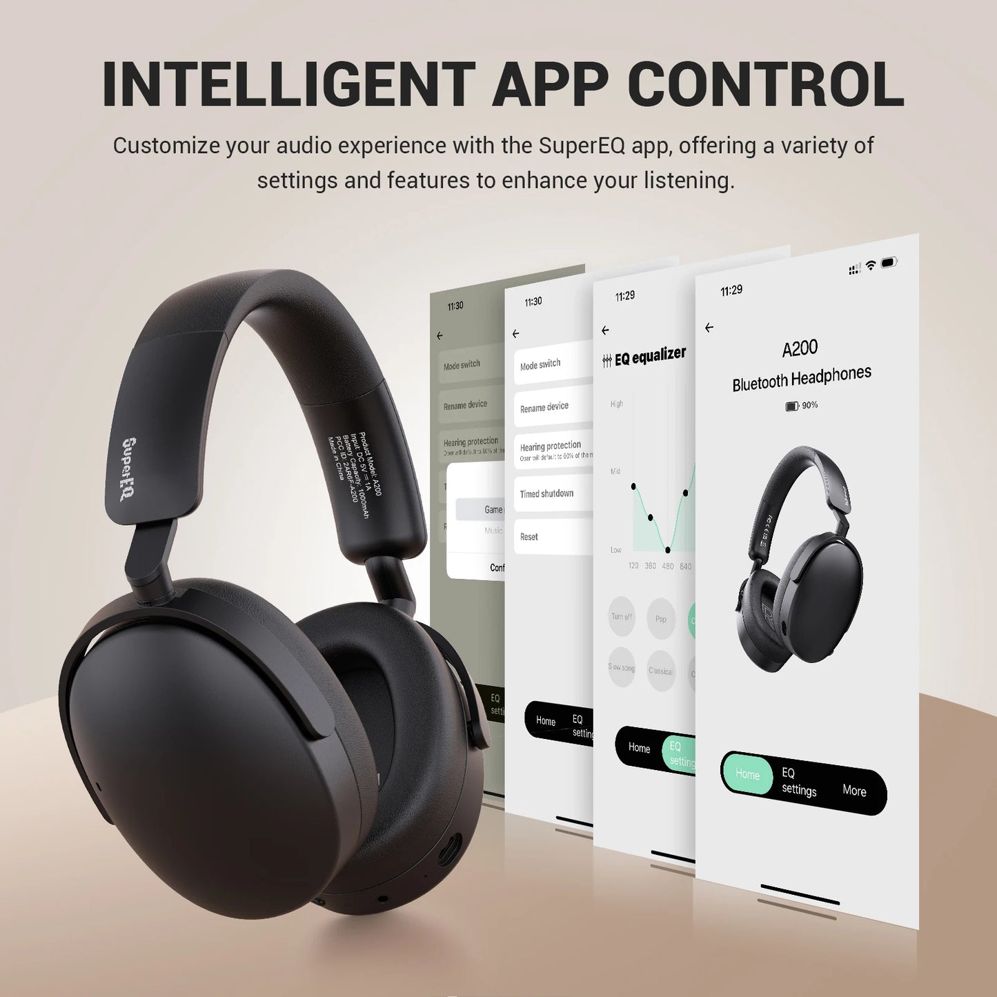 Auscultadores Bluetooth 5.4 Sem Fios Oneodio SuperEQ A200 ANC – Auscultadores Over-Ear com Cancelamento de Ruído, Microfone ENC, Áudio Hi-Res e Controlo por App