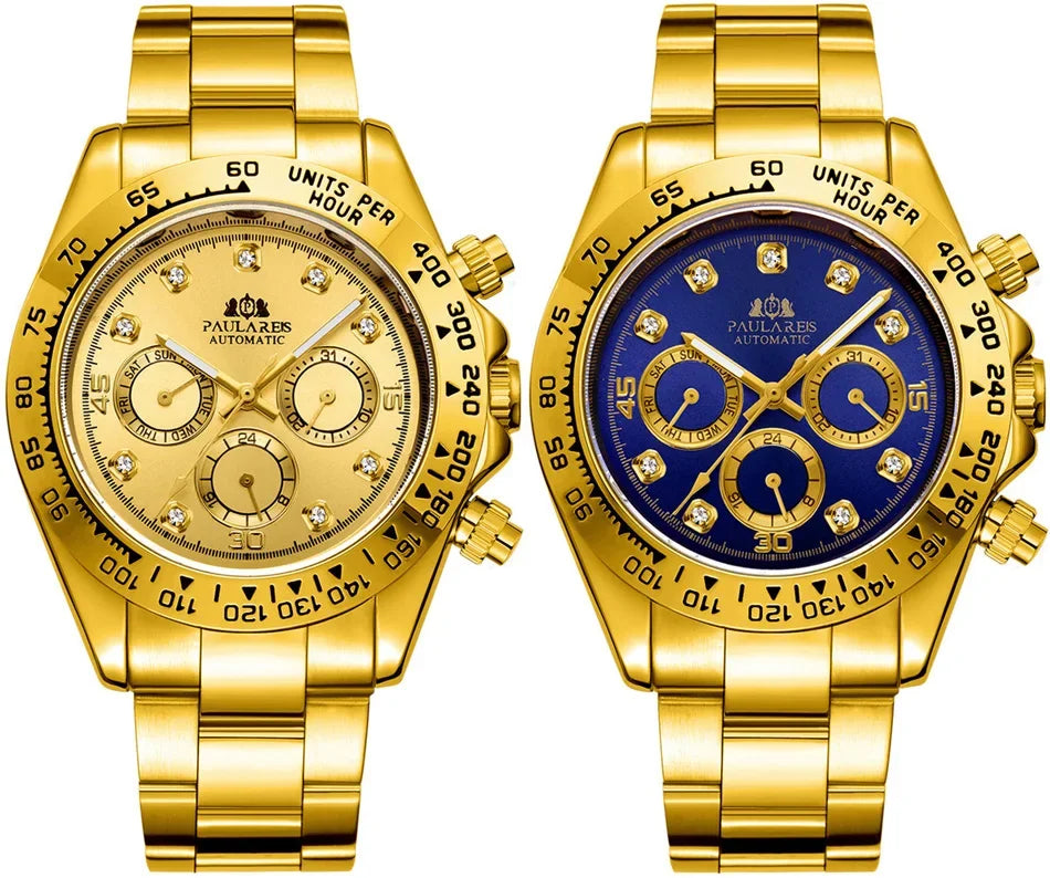 Automatic Mens Watch Mechanical Self Wind Movement Gold Black Stainless Steel Diamonds Stone Sports Luxury Fashion Watches