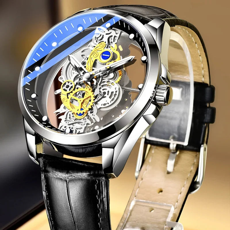 Reloj de moda para hombre, modelo con doble apertura, estilo de lujo dorado, imitación de tourbillon mecánico, movimiento de cuarzo.