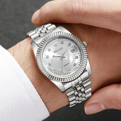 Luxury Men Calendar Quartz Watch  Fashion Rhinestone Steel Men's Business Watches Reloj Hombre Clock Gift（Without Box）