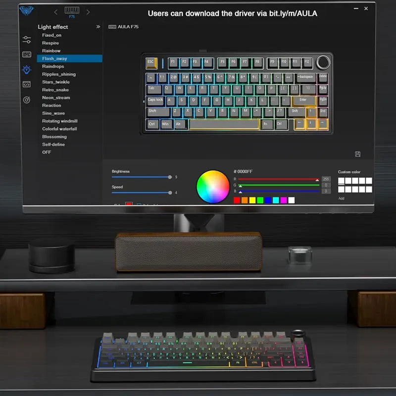 Teclado mecânico gaming AULA F75 RGB personalizado, layout 75%, gravação lateral, montagem gasket, 80 teclas, keycaps PBT em gradiente